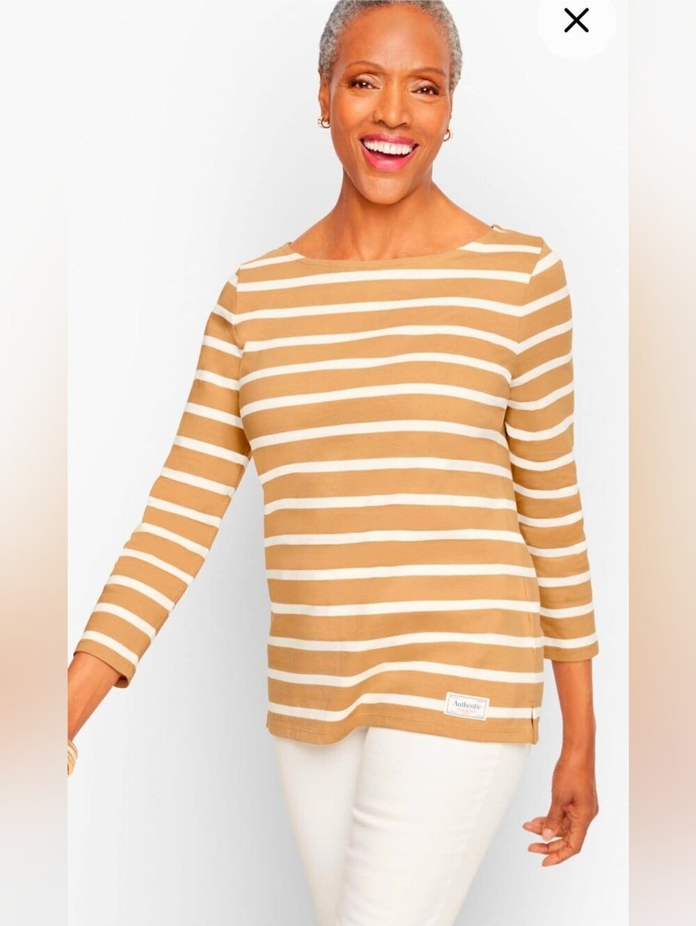 Talbots Tan and White Striped Boatneck 3/4 Sleeve Top XL